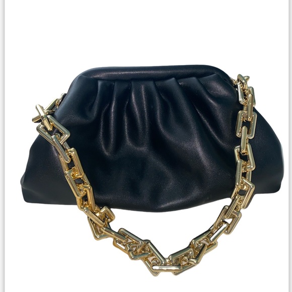 Black Ruched Baguette Gold Chain Bag - Picture 2 of 8